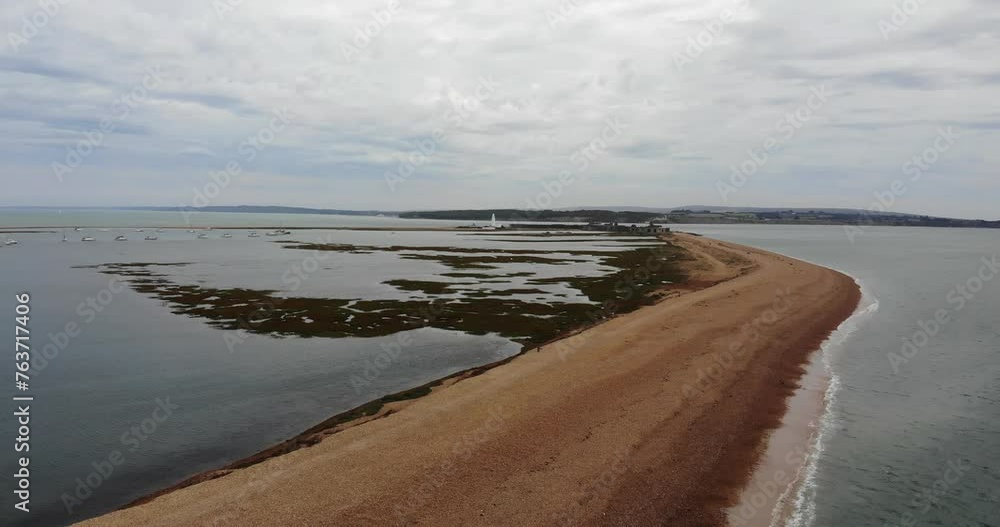 Aerial View Of Beach Coastline Walkway At Hurst Point At Milford On Sea. Pan Left Shot Aerial View Of Beach Coastline Walkway At Hurst Point At Milford On Sea. Pan Left Shot
