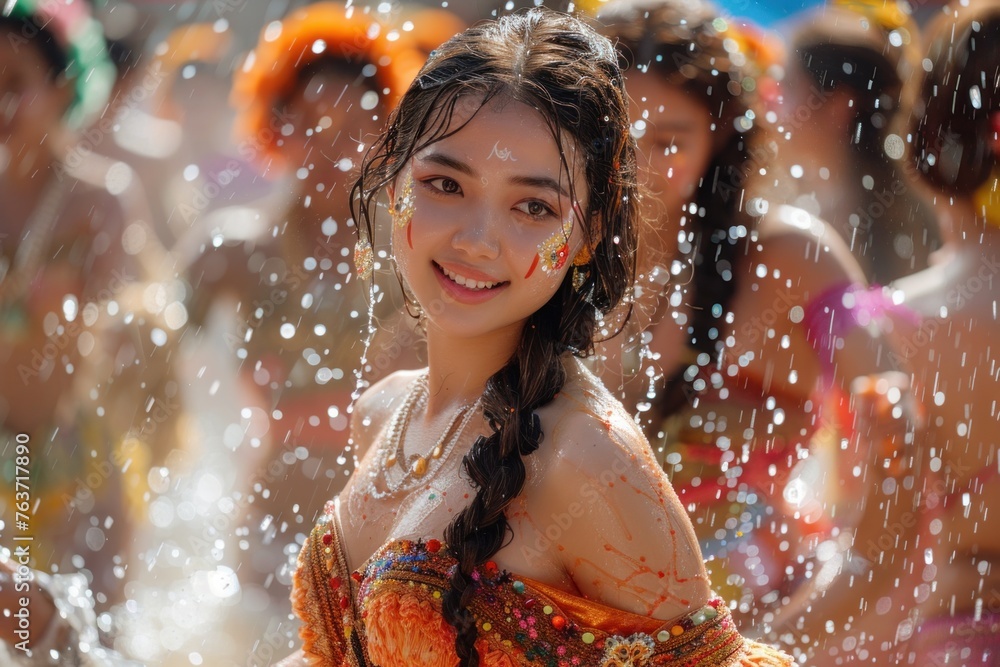 Thai women in summer clothes dance happily over enjoying in songkran festival