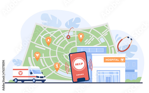 Smartphone with help call, ambulance car, stethoscope, hospital. Vector illustration. City map and medical location pins. Emergency service network concept.