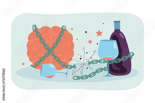 Breaking habit chain vector illustration. Bottle and glasses of wine, brains. Bad habits refusal, alcohol addiction concept