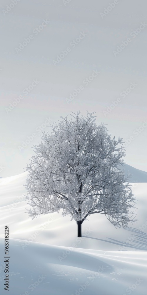 A lonely snow-covered tree in the snow, in winter, 3d, background image for mobile phone, ios, Android, banner for instagram stories, vertical wallpaper. A lonely snow-covered tree in the snow, in winter, 3d, background image for mobile phone, ios, Android, banner for instagram stories, vertical wallpaper.