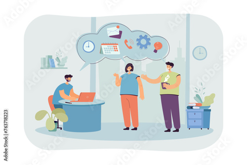 Office workers disussing new project vector illustration. Man working on laptop and planning project stages with colleagues. Team discusion, teamwork, brainstorming concept