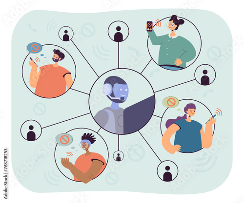 People receiving suspected incoming calls from robot. Vector illustration. Fraud, illegal robocalls, mass calling using AI concept