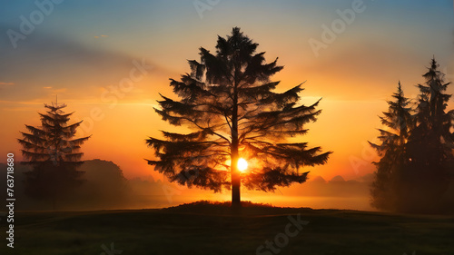 sun drowning behind the pine