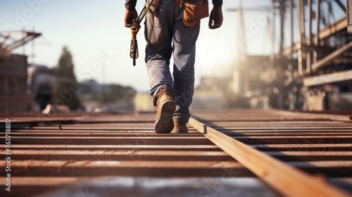 Close up of worker walking on metal platform at construction site. photo