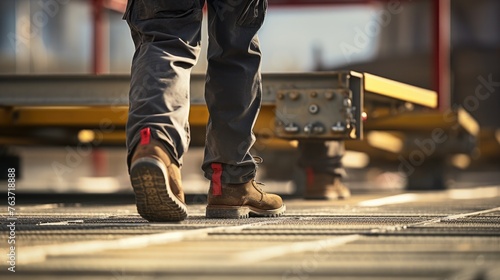 Close up of worker walking on metal platform at construction site.