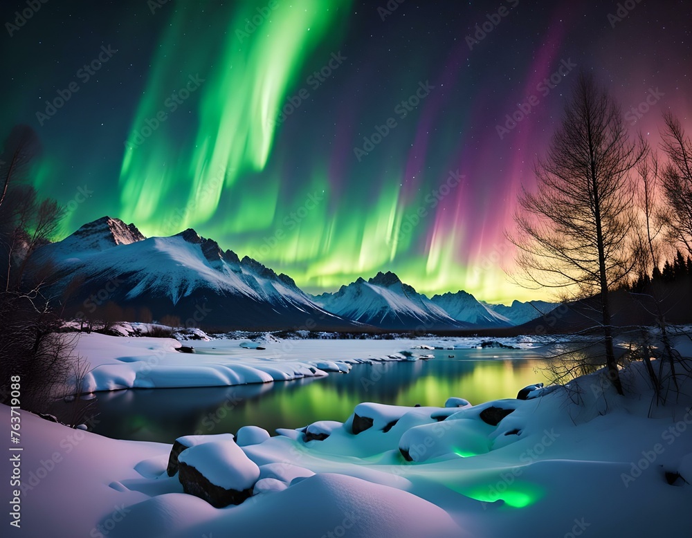 landscape with northern lights over mountains and snow
