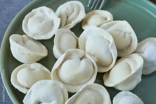 Close-up of frozen dumplings, top view.