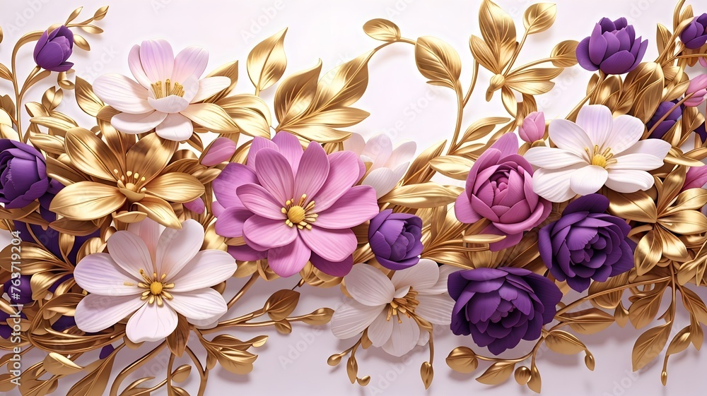Painting background of pink purple and gold flowers