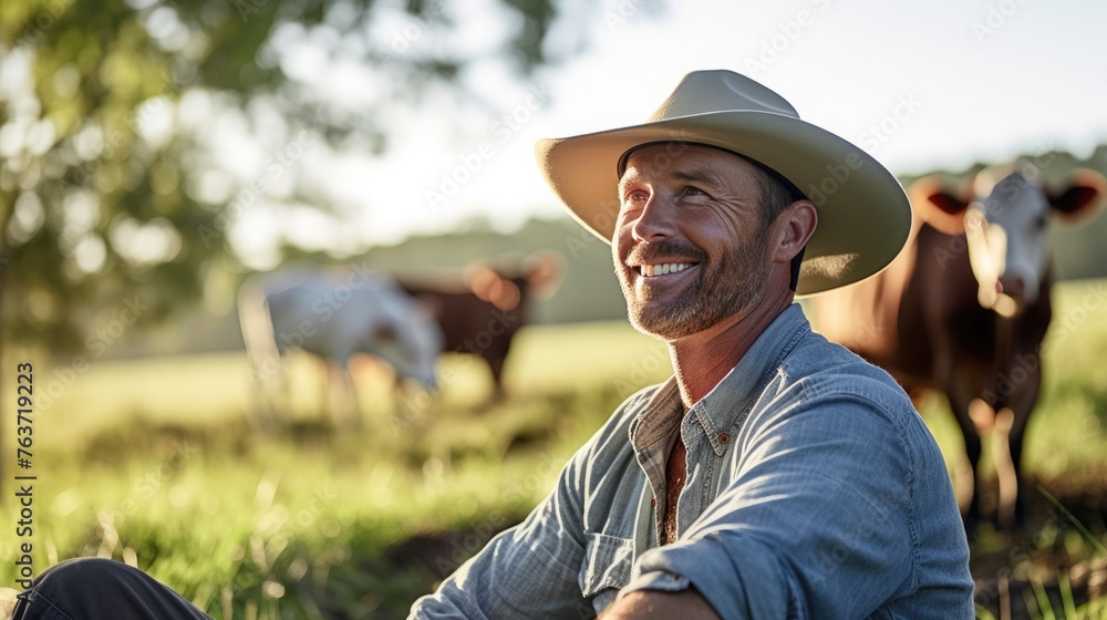 Smiling farmer at field while animals in background.
