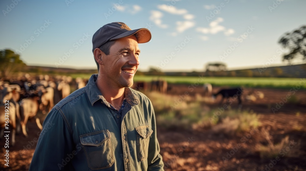 Smiling farmer at field while animals in background.