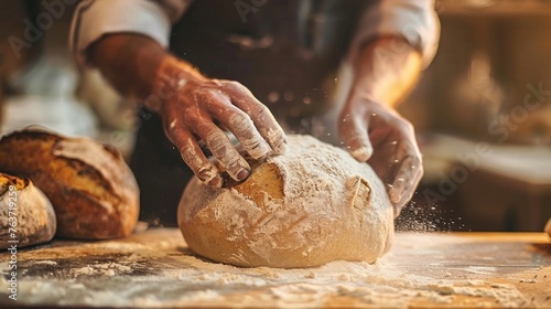 An Artisan baker hand-flouring a fresh bread dough on a wooden kitchen countertop