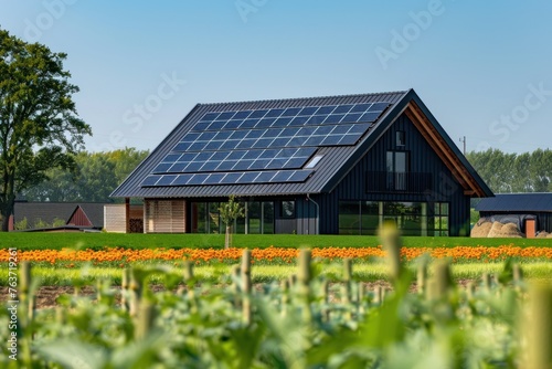 Modern farm building with solar panels on the roof, surrounded by autumn foliage and foreground of dried plants.
