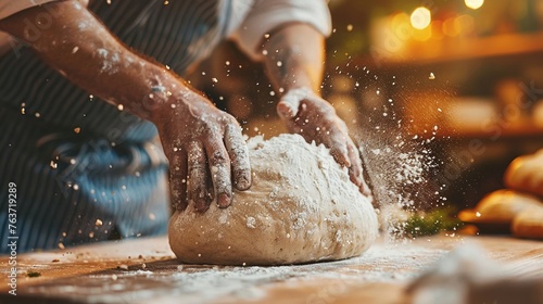 An Artisan baker hand-flouring a fresh bread dough on a wooden kitchen countertop