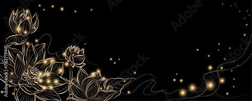 Golden botany lotus flower. Japanese luxury gold banner . Gold lotus line Japanese style Hand drawn vector . Line art style design. Concept traditional Asian holiday card.