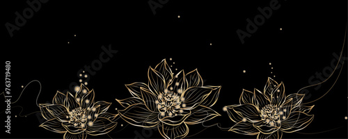 Golden botany lotus flower. Japanese luxury gold banner . Gold lotus line Japanese style Hand drawn vector . Line art style design. Concept traditional Asian holiday card.
