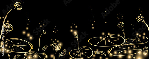 Golden botany lotus flower. Japanese luxury gold banner . Gold lotus line Japanese style Hand drawn vector . Line art style design. Concept traditional Asian holiday card.