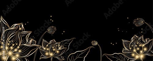Golden botany. Japanese luxury gold banner . Gold lotus line Japanese style Hand drawn vector . Line art style design. Concept traditional Asian holiday card.