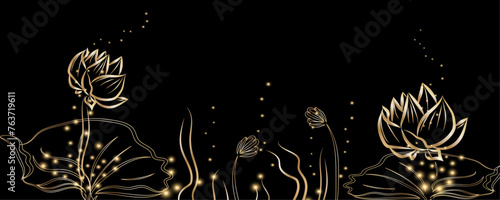 Golden botany. Japanese luxury gold banner . Gold lotus line Japanese style Hand drawn vector . Line art style design. Concept traditional Asian holiday card.