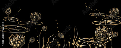 Golden botany. Japanese luxury gold banner . Gold lotus line Japanese style Hand drawn vector . Line art style design. Concept traditional Asian holiday card.