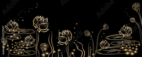 Golden botany. Japanese luxury gold banner . Gold lotus line Japanese style Hand drawn vector . Line art style design. Concept traditional Asian holiday card.