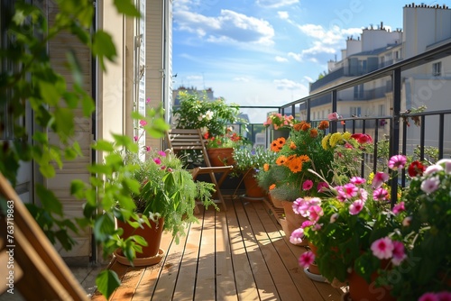 A high-definition image showcasing a serene balcony or terrace with a wooden floor, inviting chair, and vibrant potted flowers, creating a picturesque retreat in the heart of the city.