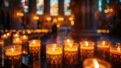 Flickering candles illuminating a majestic cathedral with intricate altar.