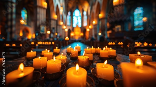 Majestic cathedral with flickering candles and an intricate altar, symbolizing faith and spiritual solace. © Postproduction