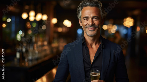 Handsome mature man in suit holding glass of champagne and smiling while standing at bar created with Generative AI Technology photo