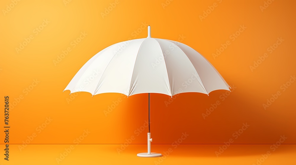 A minimalist white umbrella mockup against a lively orange backdrop, the HD camera capturing the canopy design and folding mechanism.