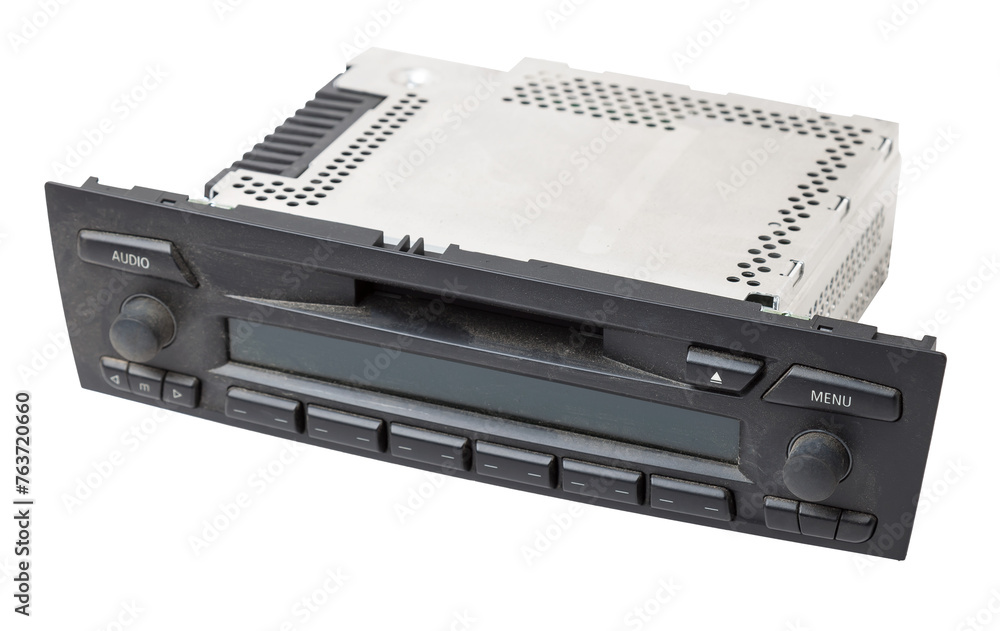 Obraz premium an media audio system and a radio in gray and black plastic of car with cd and mp3 music on white isolated background