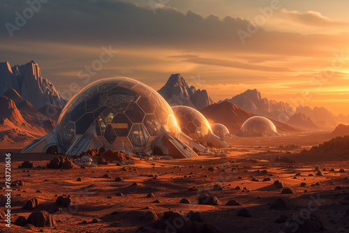 Geodesic domes shimmering under the alien sunlight on Mars
