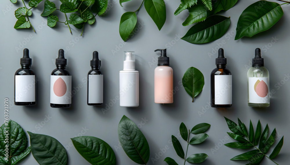 Set of SPA cosmetic containers and bottles, branding templates and green leaves. Top view shampoo bottle concept illustration - obrazy, fototapety, plakaty 