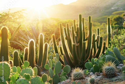 Stunning Photo of Diverse Cactuses and Desert Flora in a Beautiful Sunset Setting, Capturing the Unique Ecosystem of Arid Regions