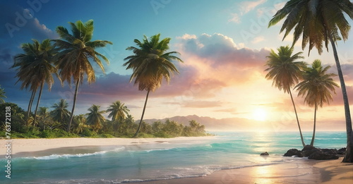 Calm tropical sea and sandy beach with blue sky background. Banner.Beautiful seascape, coastal, ocean poster.Copy space