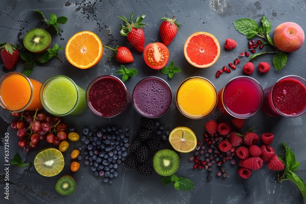 Set against a bright blue background, refreshing citrus smoothies with ice are adorned with fresh fruit slices and mint. Set against a bright blue background, refreshing citrus smoothies with ice are adorned with fresh fruit slices and mint.