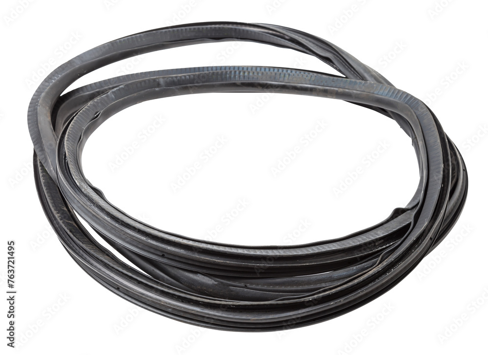 Rolled up black rubber sealant for elements of the car body, doors or trunk, for noise insulation, thermal and sound, preventing heat loss in the car interior. Sealing gasket for repair in a workshop. Rolled up black rubber sealant for elements of the car body, doors or trunk, for noise insulation, thermal and sound, preventing heat loss in the car interior. Sealing gasket for repair in a workshop.