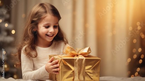 happy little girl laughing while opening gift box on green christmas tree background with bokeh lights created with Generative AI Technology