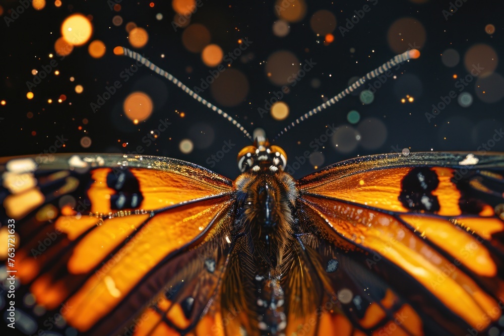 Close-up of a Monarch butterfly with water droplets on its wings, against a backdrop of twinkling lights Close-up of a Monarch butterfly with water droplets on its wings, against a backdrop of twinkling lights