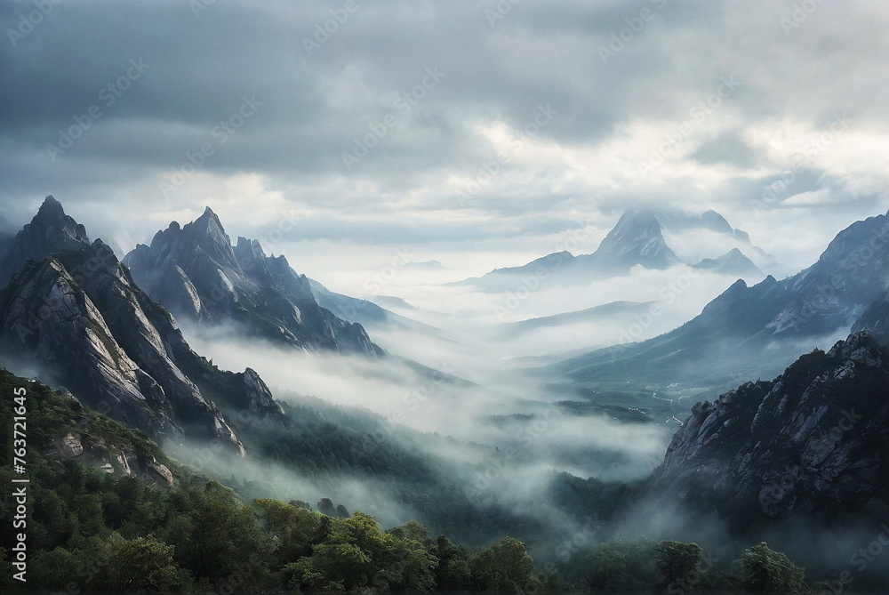 Mountains forest fog . Foggy forest wallpaper, poster. Beautiful mist landscape.