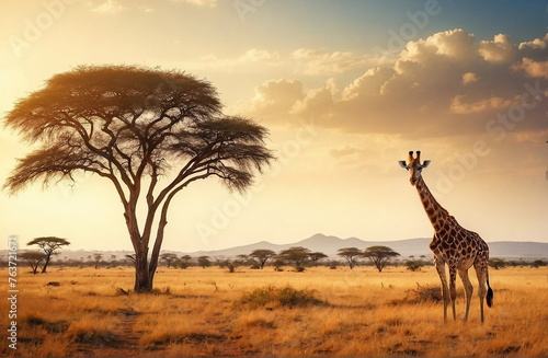 African savannah landscape with giraffe. Nature animal wildlife. Poster © irenastar