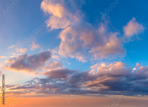 Real sky - pastel  colors Panoramic Sunrise Sundown Sanset Sky with colorful clouds. Without any birds. © Taiga