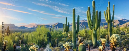 Panoramic view of a desert with saguaro cacti against a backdrop of mountain range and colorful sky at dusk
