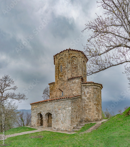 Wide panoramic view of medieval stone church in Nekresi monastery in Kakheti, Georgia