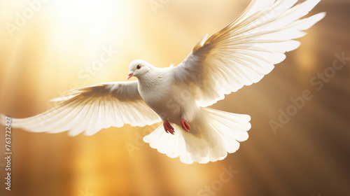 The white dove of peace flies with its elegant wings against the backdrop of sunlight from heaven created with Generative AI Technology