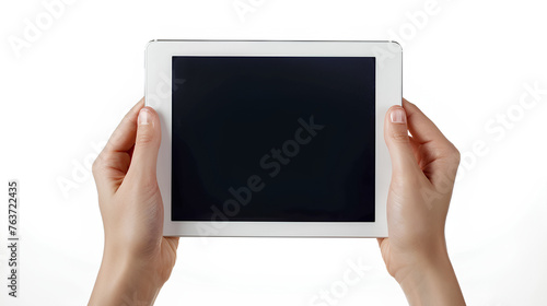 Hands holding tablet touch computer gadget with isolated white