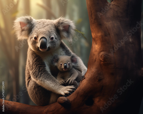 Koalas and baby koalas are possums. Females have marsupials to house their young and breastfeed. photo