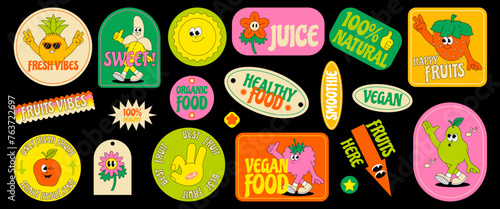 Funny Fruits. Retro groovy sticker and patch. Comic characters of strawberry, banana, watermelon, apple, slogan, quotes and other elements. Summer vector illustration.