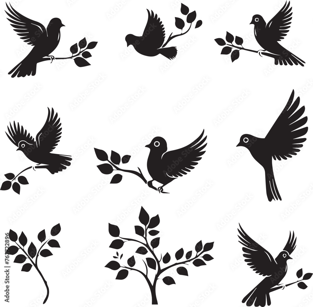 Set of Dove Birds on branch silhouettes Set of Dove Birds on branch silhouettes