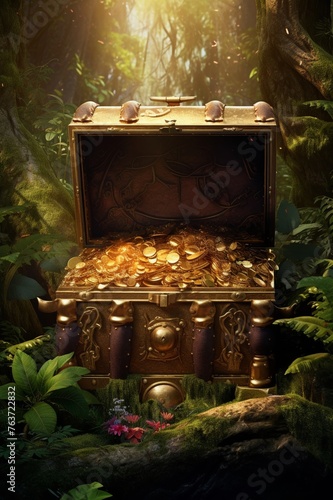 An animated scene reveals a treasure chest entombed in a lush forest photo